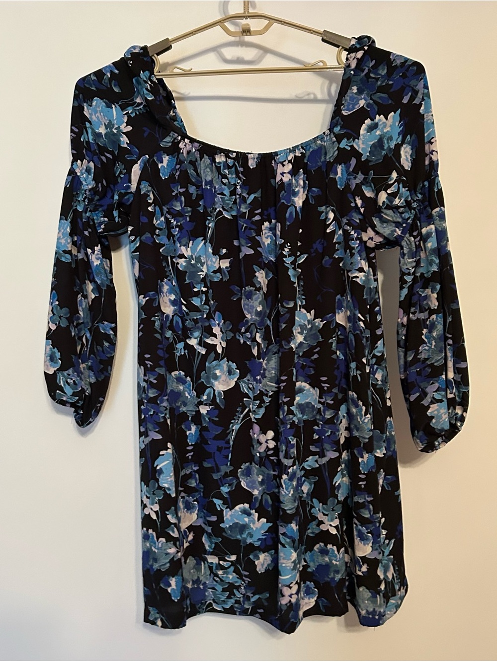 Maison Tara Navy Blue Floral Off-Shoulder Long Sleeve Dress